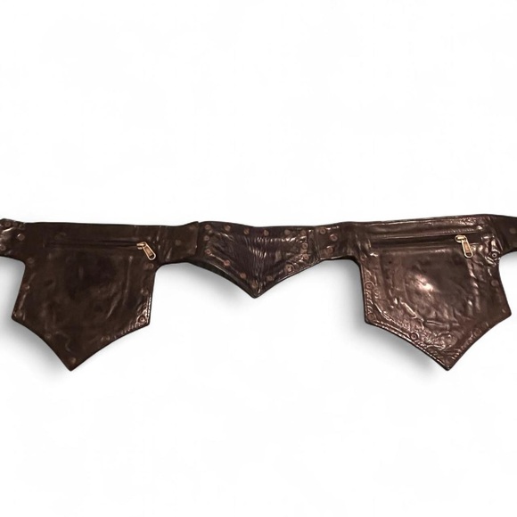 Leather hip belt bag festival hidden pocket black & brown studded adjustable M/L - Picture 7 of 7